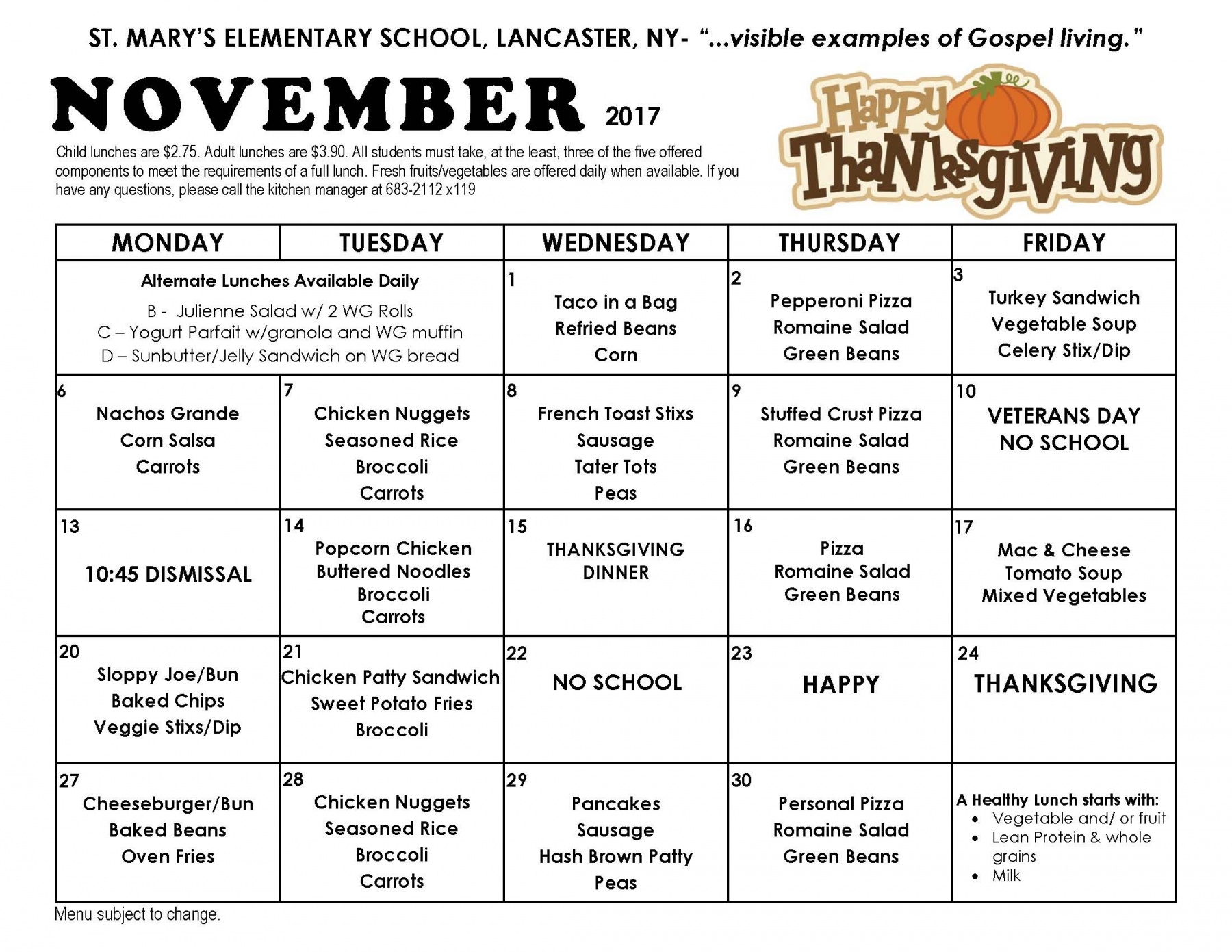 Lunch Menu St. Mary's Elementary School Lancaster, NY